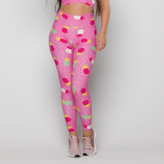 Calça Legging Básica Estampa Digital Abacaxi Rosa