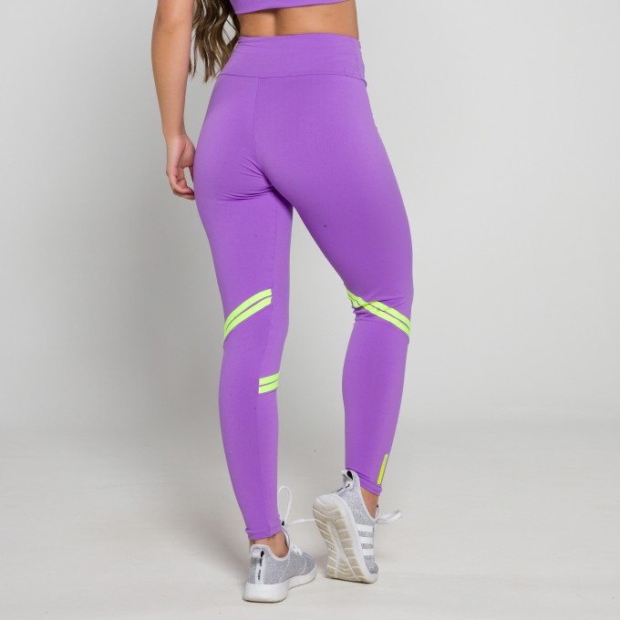 Calça Legging viés Duplo Lilás com Amarelo Neon