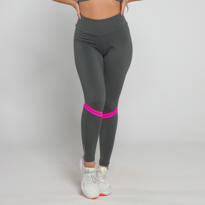 Calça Legging Viés Duplo Cinza Chumbo com Pink