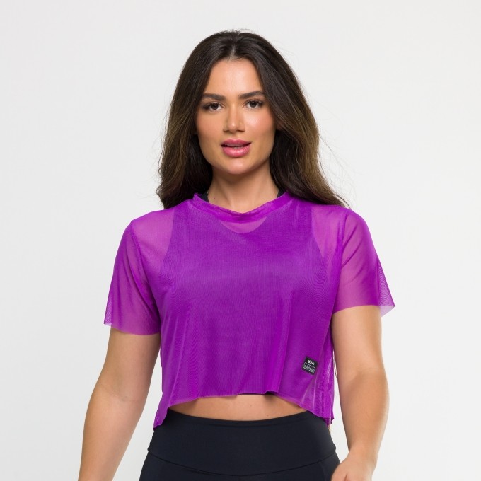 Cropped de Tule Manga Curta Roxo