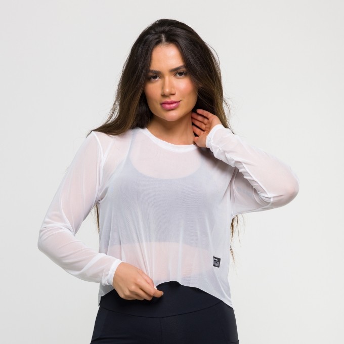 Cropped de Tule Manga Longa Branco