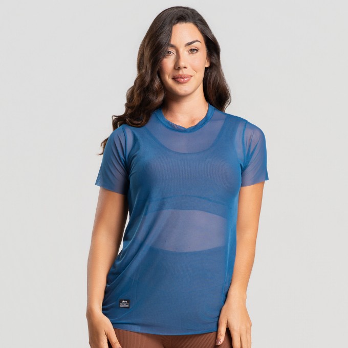 Blusa de Tule Manga Curta Azul Petróleo