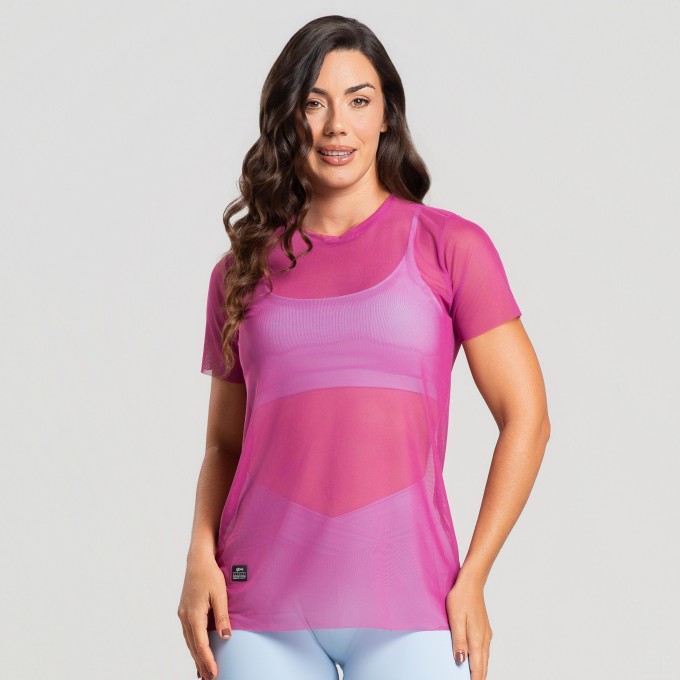 Blusa de Tule Manga Curta Rosa Magenta