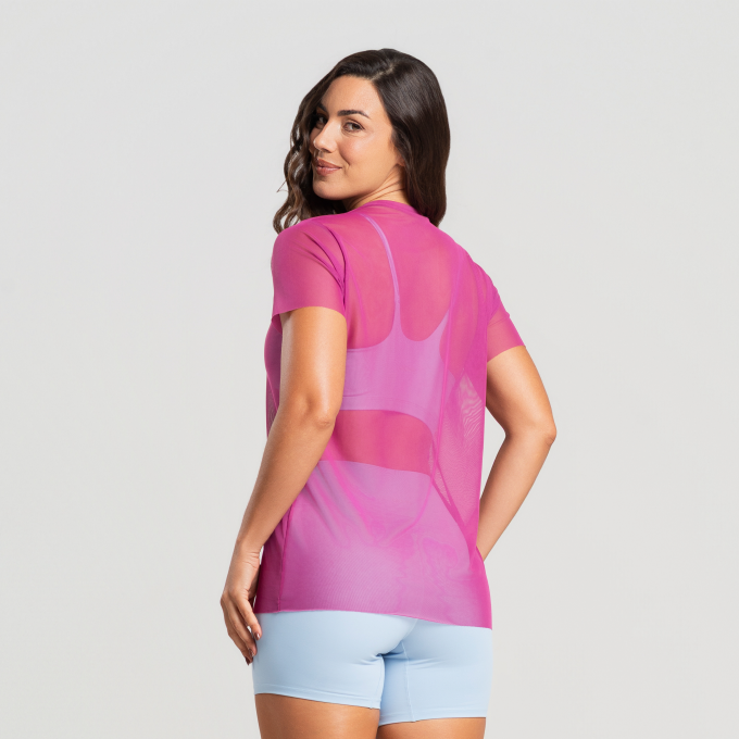 Blusa de Tule Manga Curta Rosa Magenta