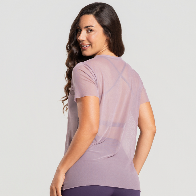 Blusa de Tule Manga Curta Nude Rosado