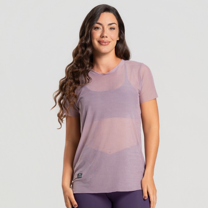 Blusa de Tule Manga Curta Nude Rosado