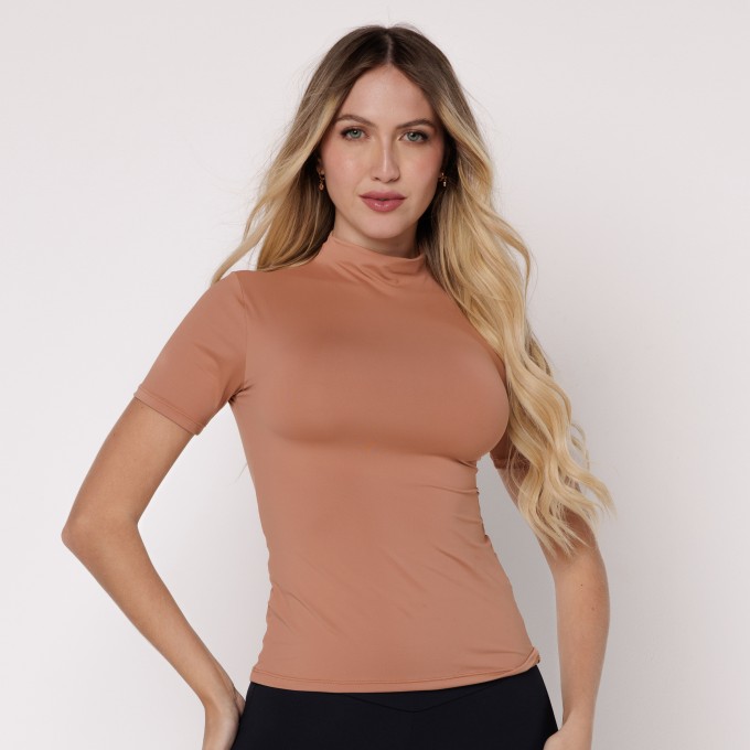 Blusa Microfibra Gola Alta Mocha Meia Manga